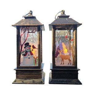 Set Of 2 LED Christmas Lanterns With Snowman & Deer Scenes Battery Operated